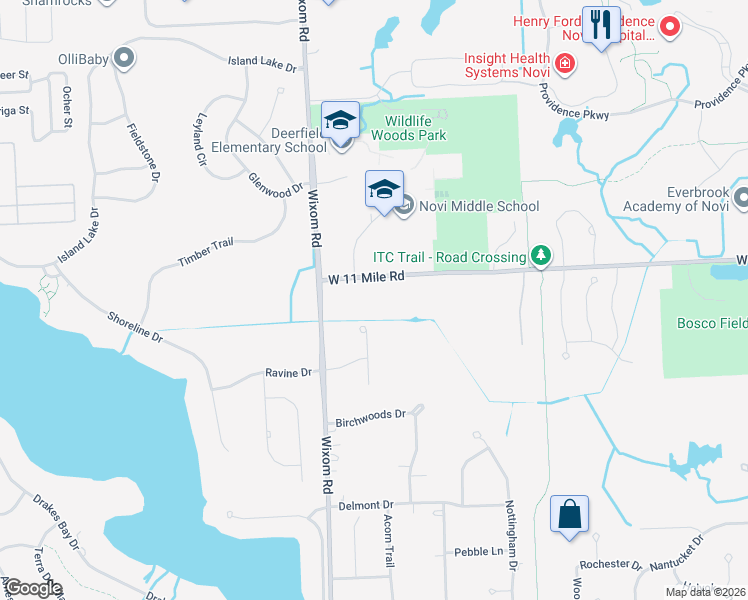 map of restaurants, bars, coffee shops, grocery stores, and more near 49195 West 11 Mile Road in Novi