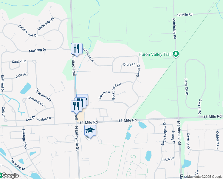 map of restaurants, bars, coffee shops, grocery stores, and more near 1155 Surrey Lane in South Lyon