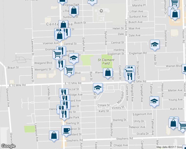 map of restaurants, bars, coffee shops, grocery stores, and more near 8310 Warren Boulevard in Center Line