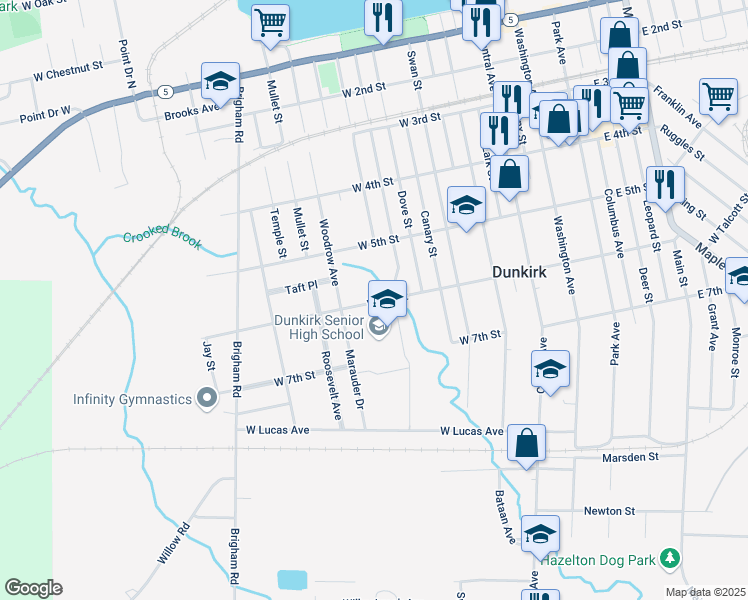 map of restaurants, bars, coffee shops, grocery stores, and more near 75 West 6th Street in Dunkirk