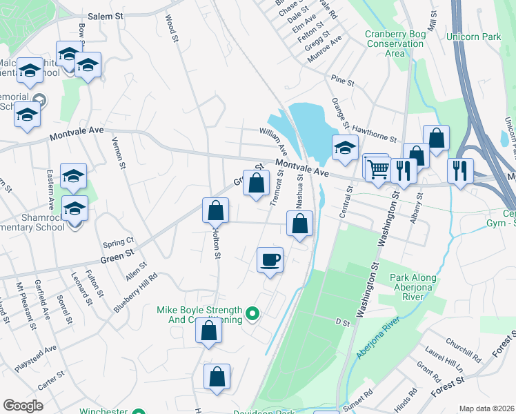 map of restaurants, bars, coffee shops, grocery stores, and more near 21R Tremont Street in Woburn