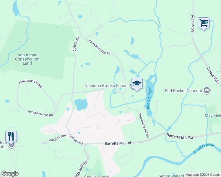 map of restaurants, bars, coffee shops, grocery stores, and more near 53 Annursnac Hill Road in Concord