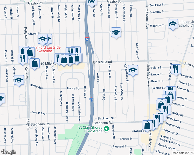 map of restaurants, bars, coffee shops, grocery stores, and more near 24821 Wood Street in St. Clair Shores
