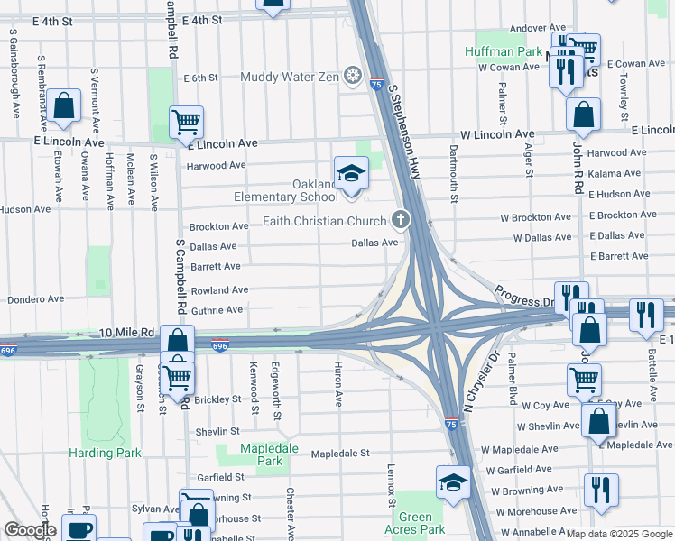 map of restaurants, bars, coffee shops, grocery stores, and more near 2318 Barrett Avenue in Royal Oak