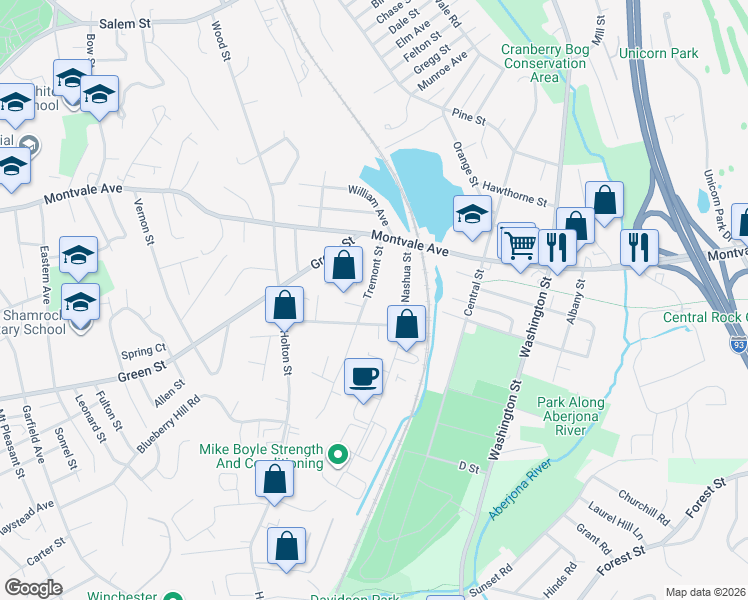 map of restaurants, bars, coffee shops, grocery stores, and more near 20 Tremont Street in Woburn