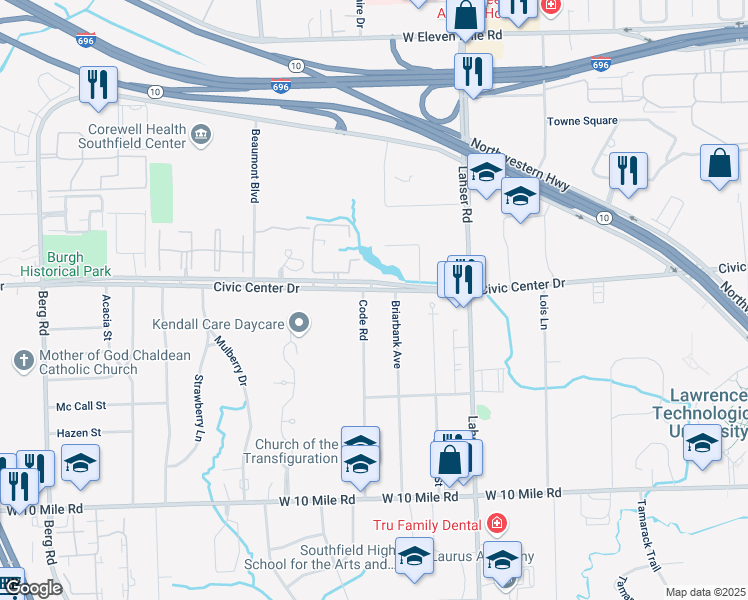 map of restaurants, bars, coffee shops, grocery stores, and more near 25820 Code Road in Southfield