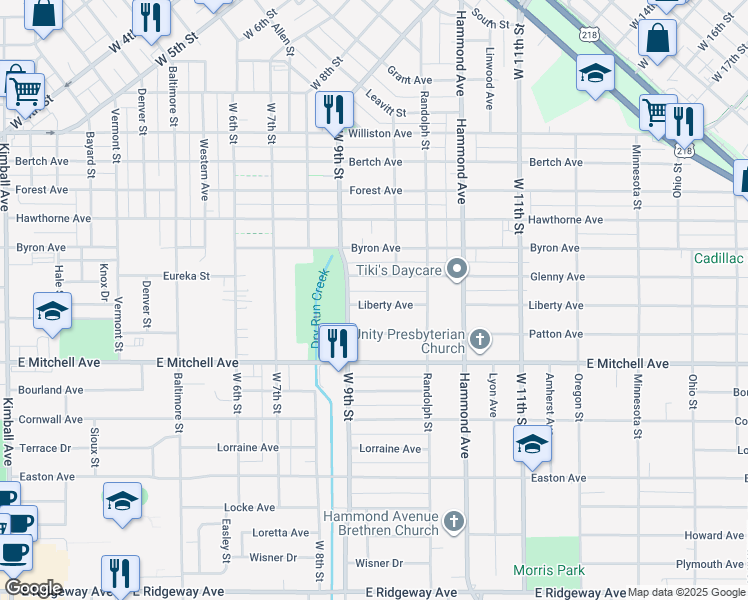 map of restaurants, bars, coffee shops, grocery stores, and more near 1127 Liberty Avenue in Waterloo