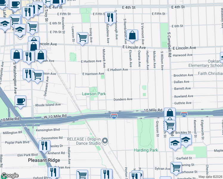 map of restaurants, bars, coffee shops, grocery stores, and more near 1321 Mohawk Avenue in Royal Oak