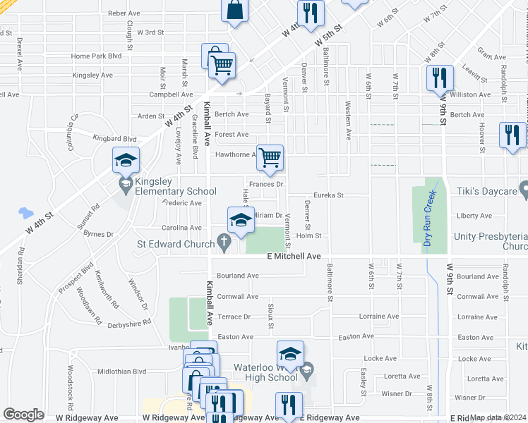 map of restaurants, bars, coffee shops, grocery stores, and more near 225 Miriam Drive in Waterloo