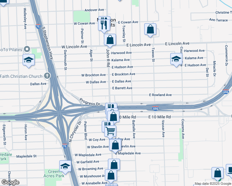 map of restaurants, bars, coffee shops, grocery stores, and more near 25306 John R Road in Madison Heights