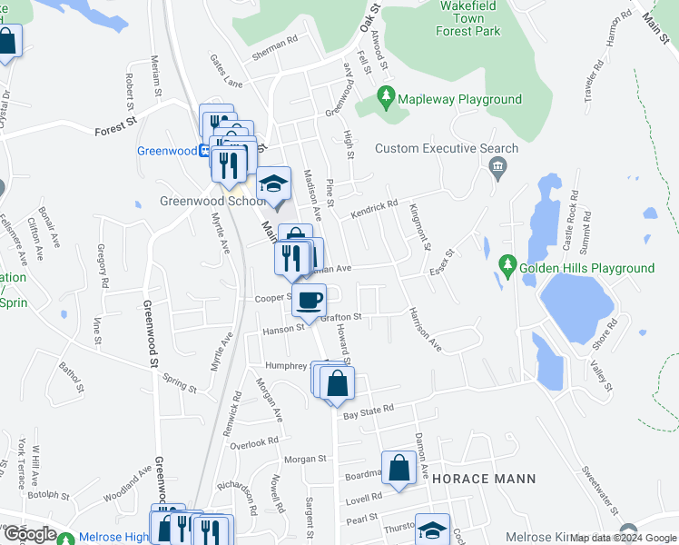 map of restaurants, bars, coffee shops, grocery stores, and more near 21 Pitman Avenue in Wakefield