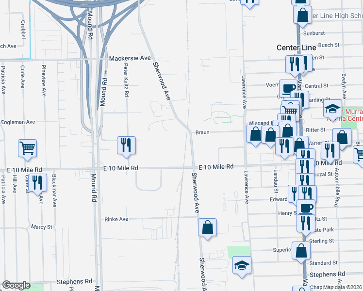 map of restaurants, bars, coffee shops, grocery stores, and more near 6497 East 10 Mile Road in Center Line
