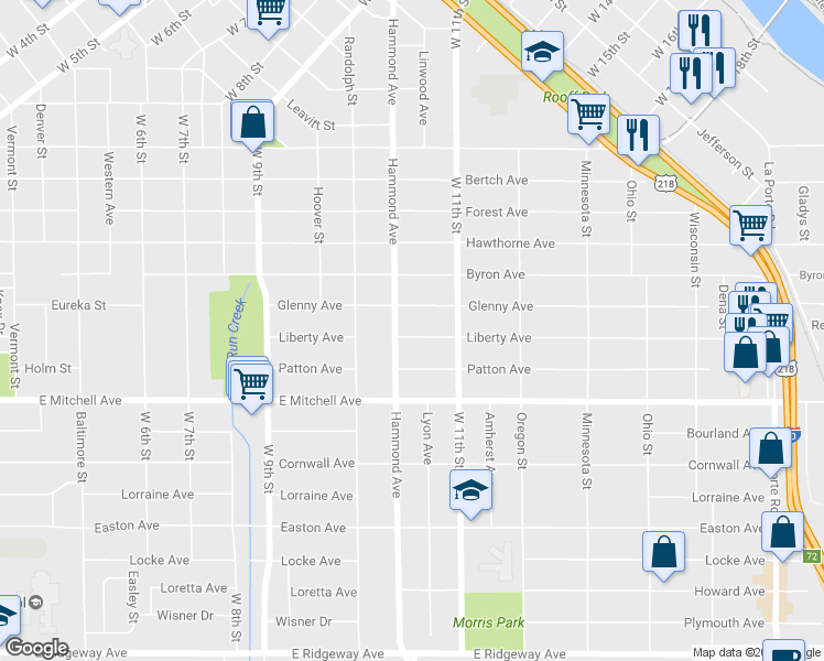 map of restaurants, bars, coffee shops, grocery stores, and more near 1415 Liberty Avenue in Waterloo
