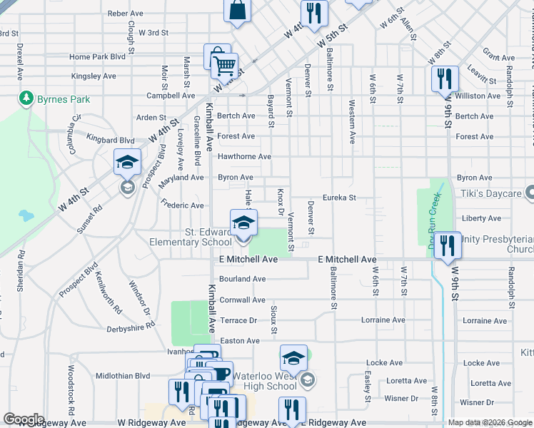 map of restaurants, bars, coffee shops, grocery stores, and more near 231 Miriam Drive in Waterloo