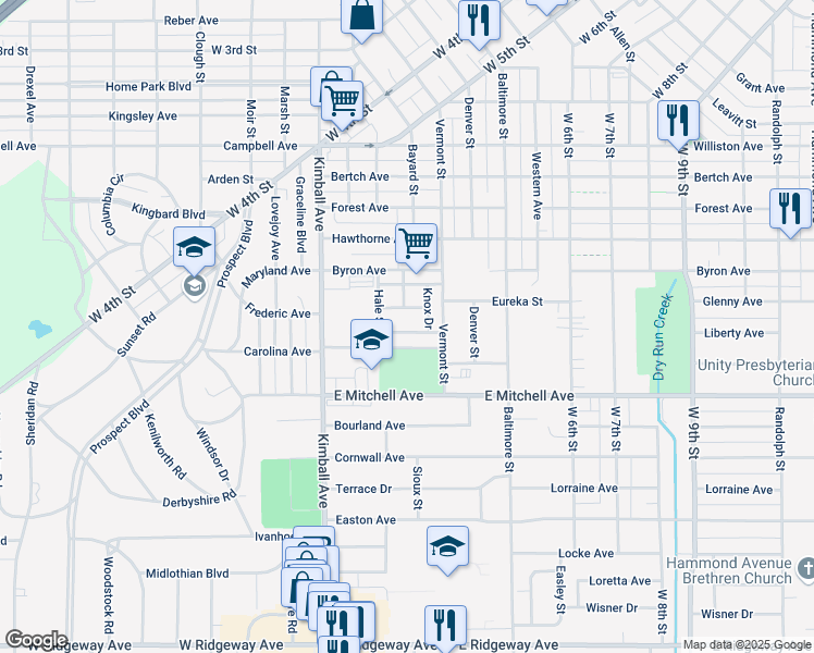 map of restaurants, bars, coffee shops, grocery stores, and more near 231 Miriam Drive in Waterloo
