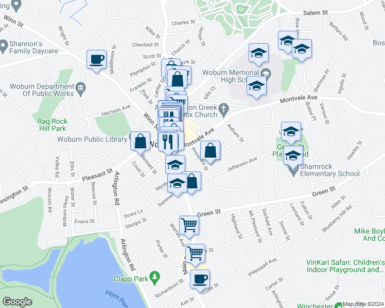 map of restaurants, bars, coffee shops, grocery stores, and more near 9 Prospect Street in Woburn
