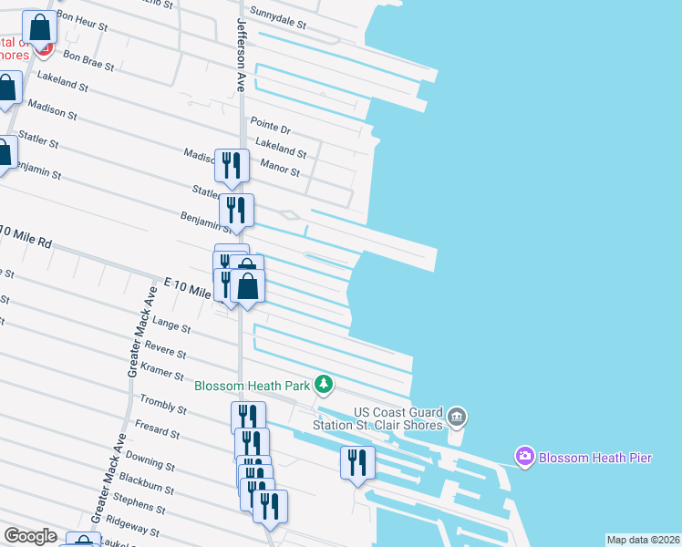 map of restaurants, bars, coffee shops, grocery stores, and more near 22542 Benjamin Street in St. Clair Shores