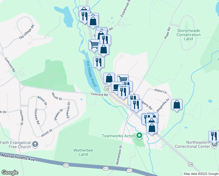 map of restaurants, bars, coffee shops, grocery stores, and more near 115 Great Road in Acton