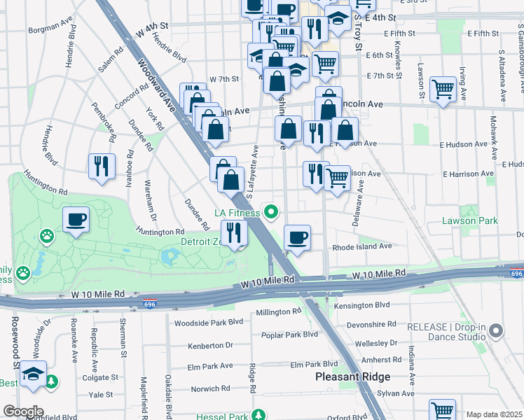 map of restaurants, bars, coffee shops, grocery stores, and more near 334 West Kenilworth Avenue in Royal Oak