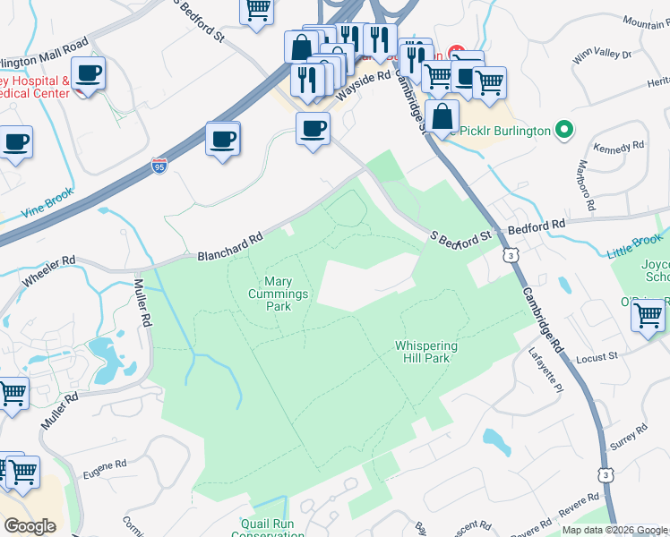map of restaurants, bars, coffee shops, grocery stores, and more near 145 South Bedford Street in Burlington