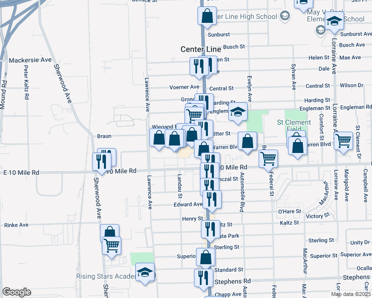 map of restaurants, bars, coffee shops, grocery stores, and more near 22981 Farmington Road in Farmington