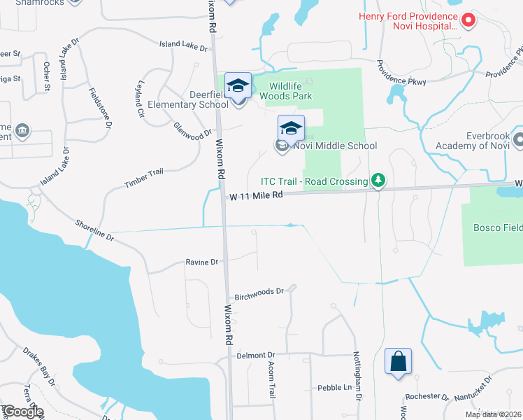 map of restaurants, bars, coffee shops, grocery stores, and more near 49195 West 11 Mile Road in Novi
