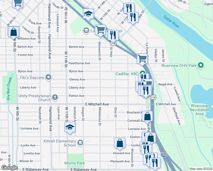 map of restaurants, bars, coffee shops, grocery stores, and more near 1705 Liberty Ave in Waterloo