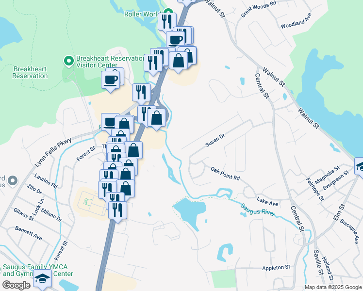 map of restaurants, bars, coffee shops, grocery stores, and more near 48 David Drive in Saugus