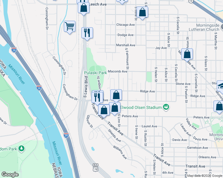 map of restaurants, bars, coffee shops, grocery stores, and more near 2501 Ridge Avenue in Sioux City