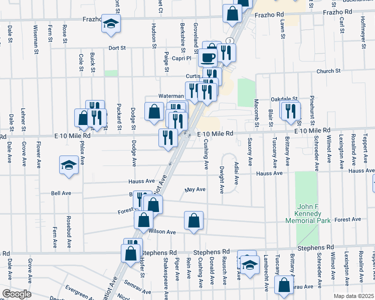 map of restaurants, bars, coffee shops, grocery stores, and more near 24834 Gratiot Ave in Eastpointe