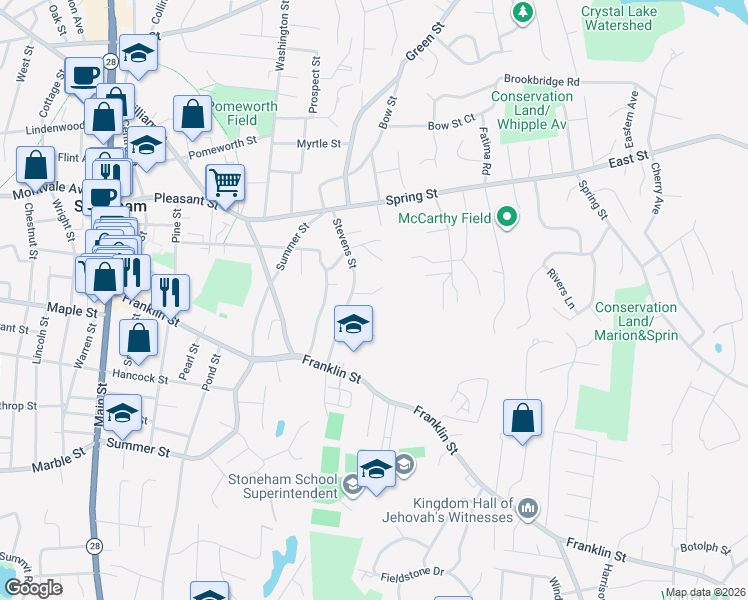 map of restaurants, bars, coffee shops, grocery stores, and more near 28 Stevens Street in Stoneham
