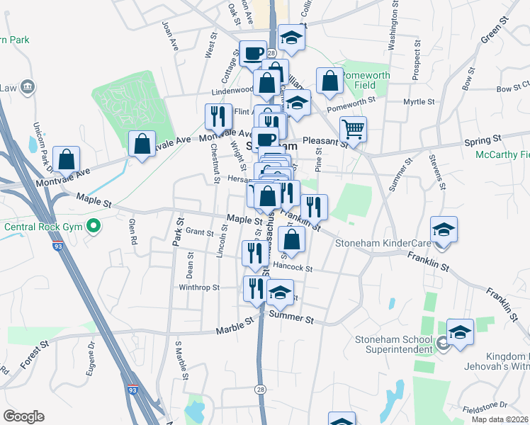 map of restaurants, bars, coffee shops, grocery stores, and more near 422 Main Street in Stoneham