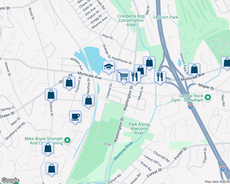 map of restaurants, bars, coffee shops, grocery stores, and more near 4 Asbury Avenue in Woburn