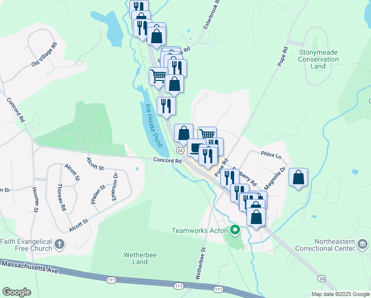 map of restaurants, bars, coffee shops, grocery stores, and more near 115 Great Road in Acton