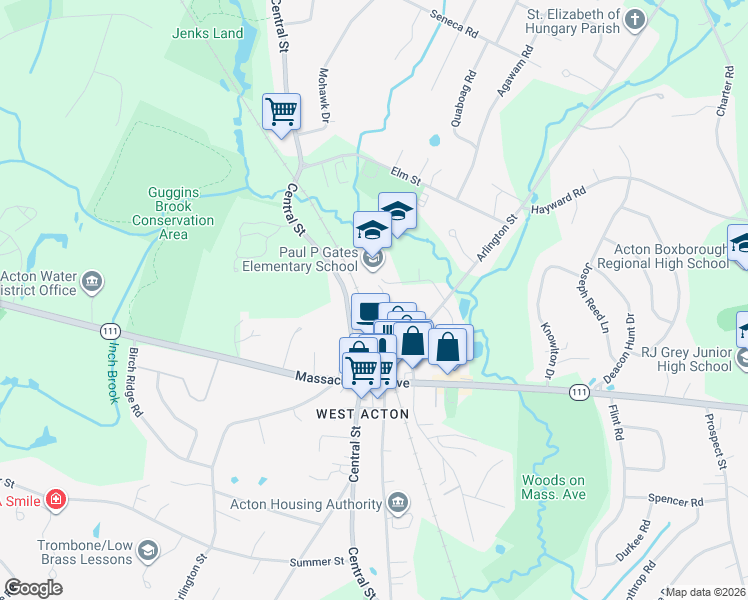 map of restaurants, bars, coffee shops, grocery stores, and more near 44 Spruce Street in Acton