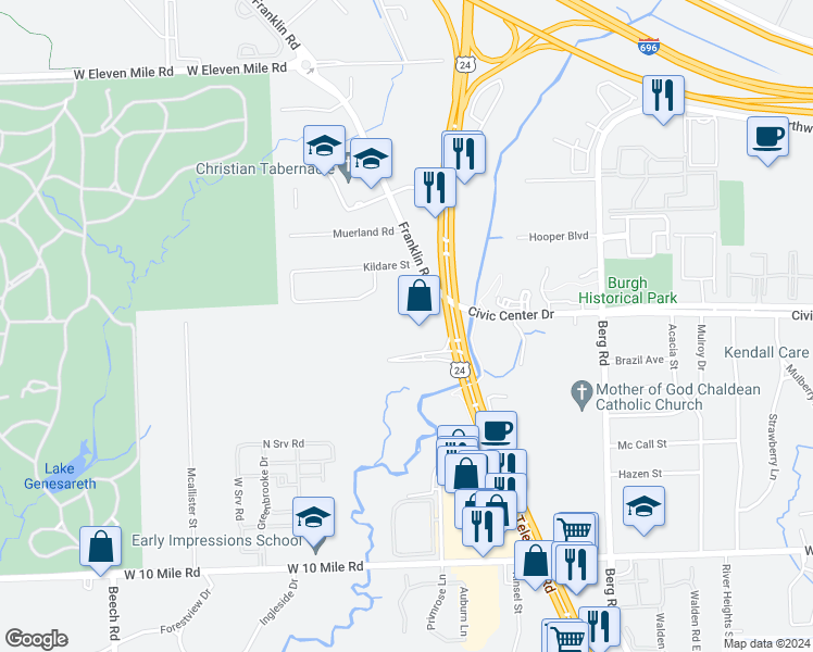 map of restaurants, bars, coffee shops, grocery stores, and more near 25925 Telegraph Road in Southfield