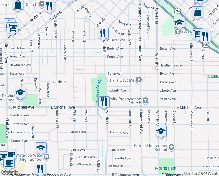 map of restaurants, bars, coffee shops, grocery stores, and more near 1127 Liberty Avenue in Waterloo