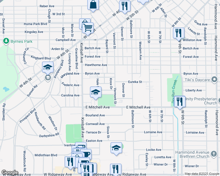 map of restaurants, bars, coffee shops, grocery stores, and more near 231 Miriam Drive in Waterloo