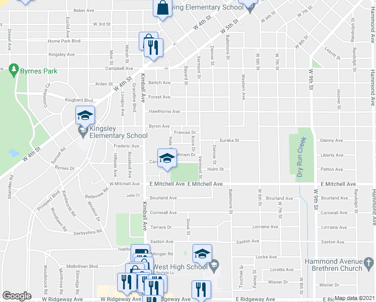 map of restaurants, bars, coffee shops, grocery stores, and more near 231 Miriam Drive in Waterloo