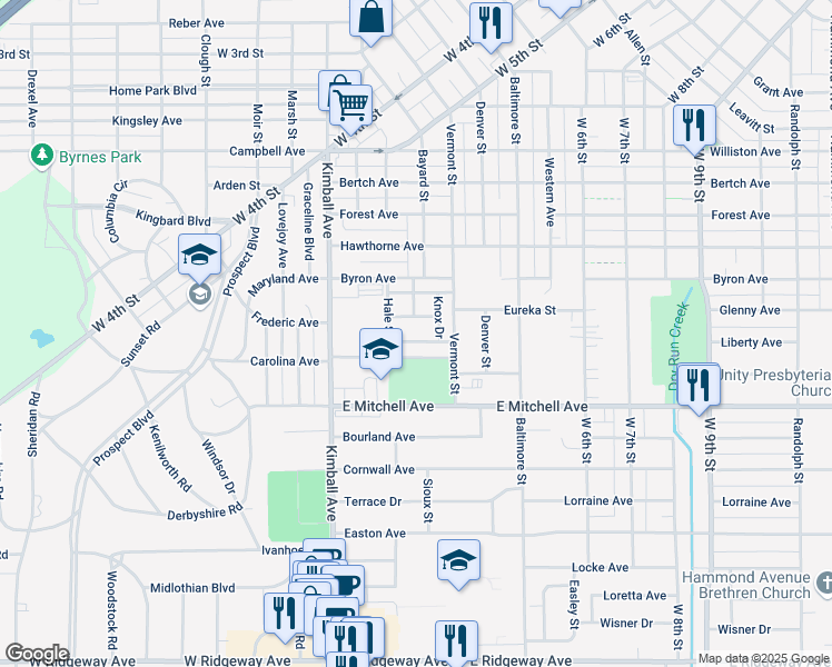 map of restaurants, bars, coffee shops, grocery stores, and more near 231 Miriam Drive in Waterloo