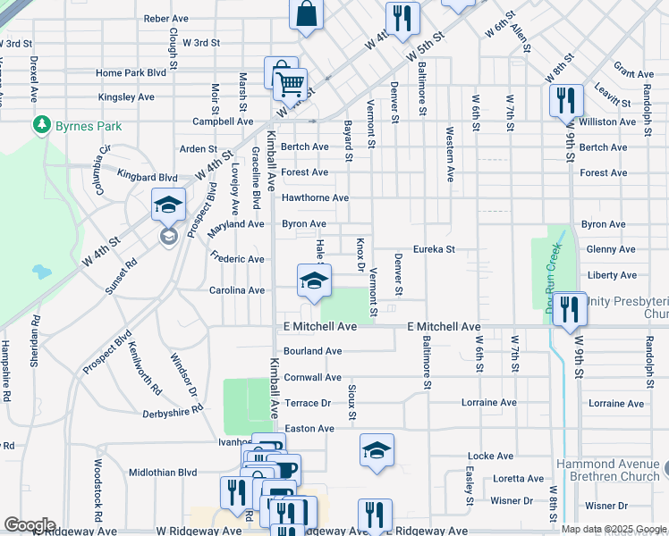 map of restaurants, bars, coffee shops, grocery stores, and more near 231 Miriam Drive in Waterloo