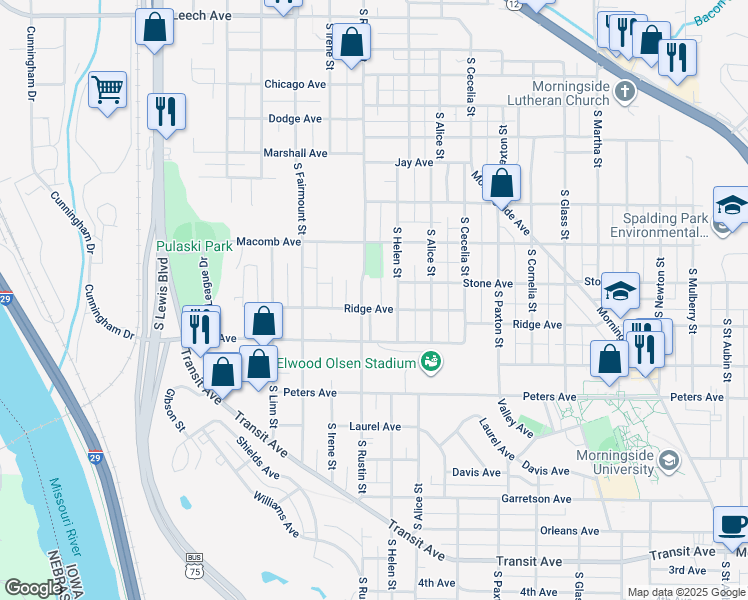 map of restaurants, bars, coffee shops, grocery stores, and more near 2909 Ridge Avenue in Sioux City