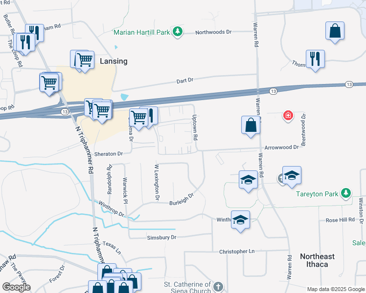 map of restaurants, bars, coffee shops, grocery stores, and more near 101 Uptown Road in Ithaca