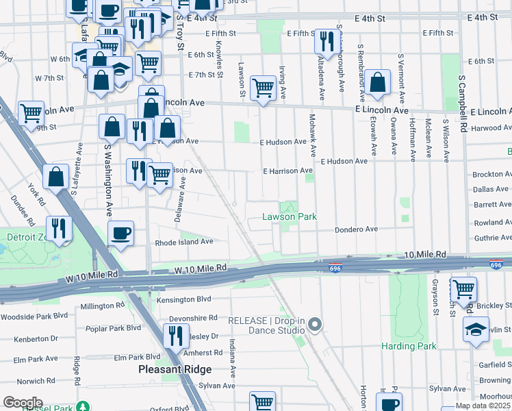 map of restaurants, bars, coffee shops, grocery stores, and more near 628 East Parent Avenue in Royal Oak