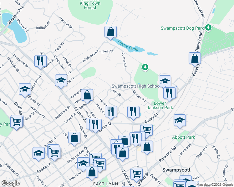 map of restaurants, bars, coffee shops, grocery stores, and more near 12 Clark Street in Swampscott