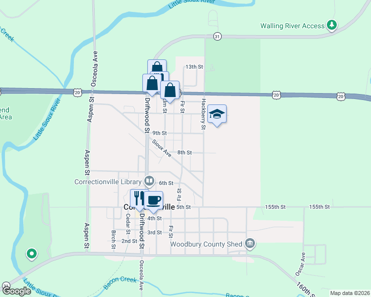 map of restaurants, bars, coffee shops, grocery stores, and more near 600-676 8th Street in Correctionville