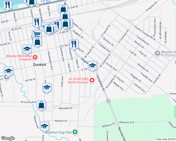 map of restaurants, bars, coffee shops, grocery stores, and more near 704 Lamphere Street in Dunkirk