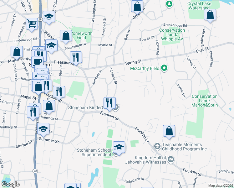map of restaurants, bars, coffee shops, grocery stores, and more near 28 Stevens Street in Stoneham