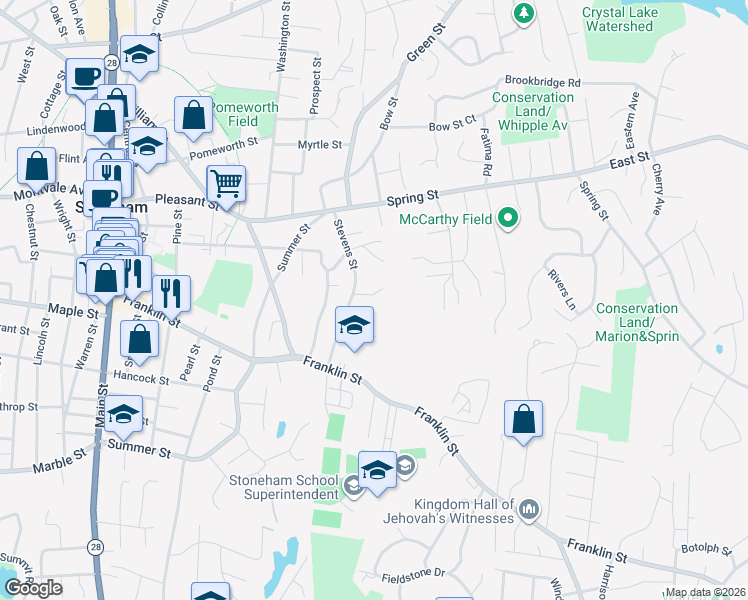 map of restaurants, bars, coffee shops, grocery stores, and more near 28 Stevens Street in Stoneham