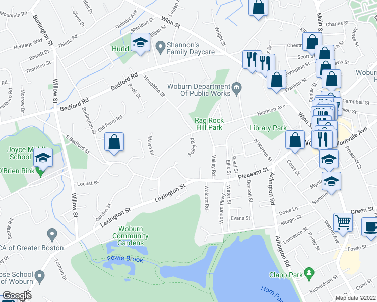 map of restaurants, bars, coffee shops, grocery stores, and more near 7 Foley Road in Woburn